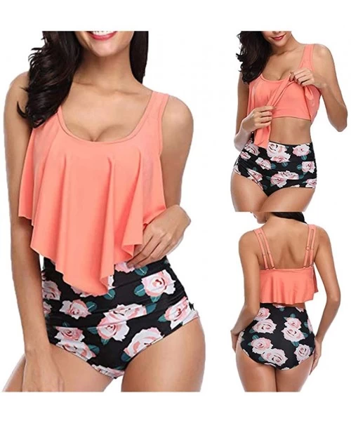 Racing Swimsuit for Women Two Piece Bathing Suit Top Ruffled Racerback High Waisted Tankini - Orange - CE194YKK7SY