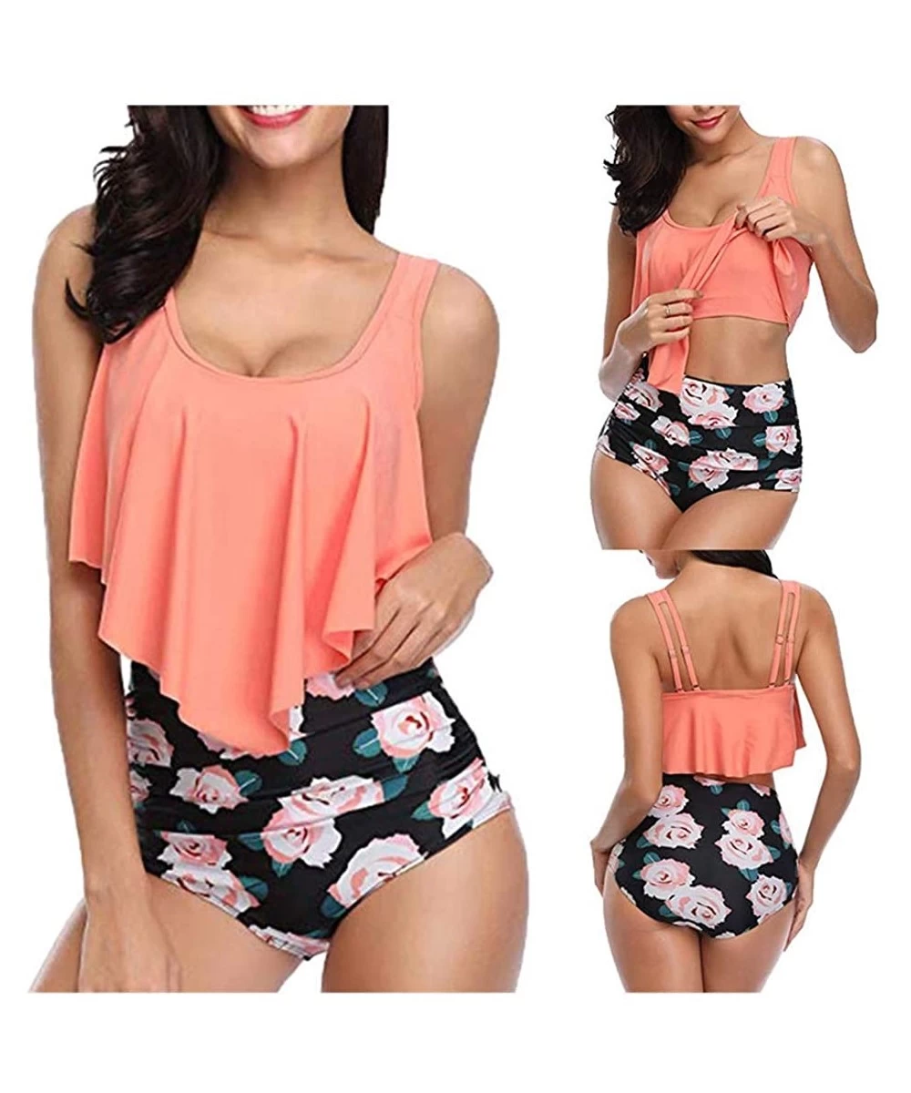 Racing Swimsuit for Women Two Piece Bathing Suit Top Ruffled Racerback High Waisted Tankini - Orange - CE194YKK7SY