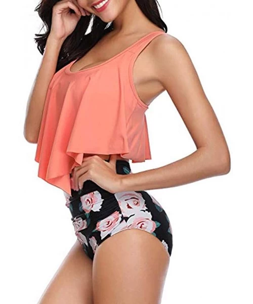 Racing Swimsuit for Women Two Piece Bathing Suit Top Ruffled Racerback High Waisted Tankini - Orange - CE194YKK7SY