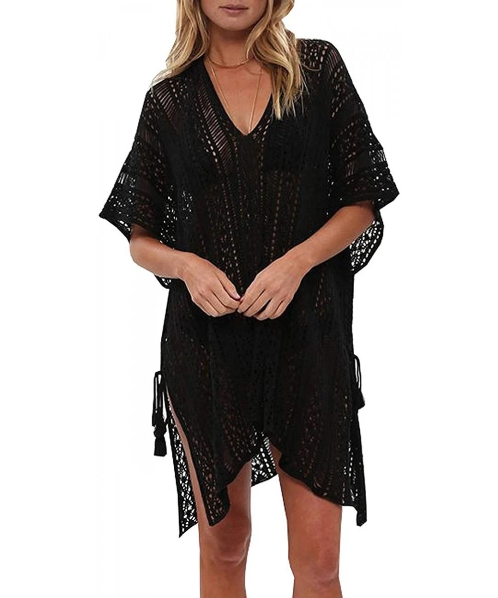 Cover-Ups Swimsuit Cover ups for Women V-Neck Plus Size Swimwear Beach Cover up - Black - C118RWZZNGA