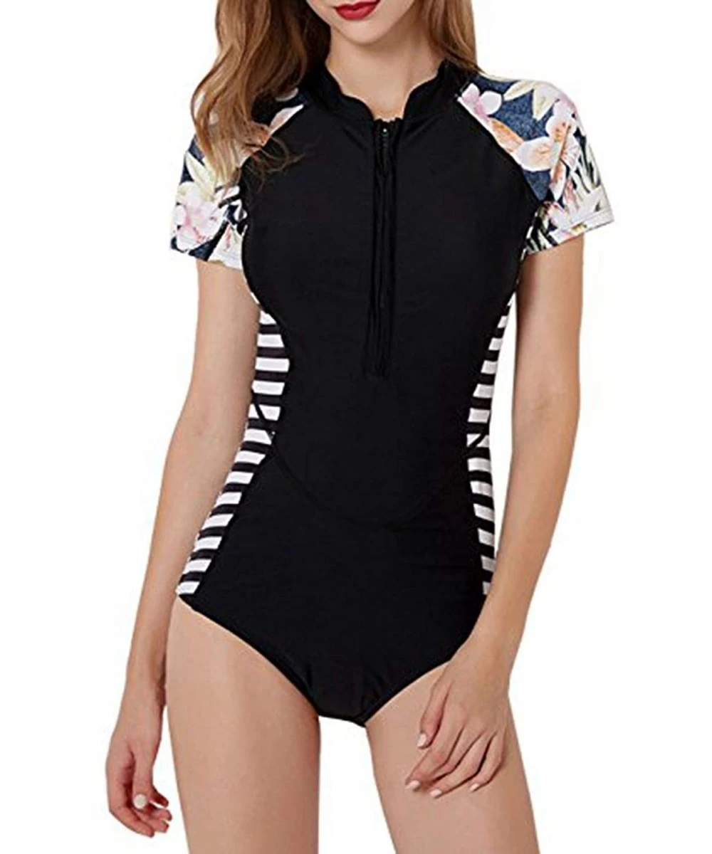 One-Pieces Women Zip Front Floral Print Half Sleeve One Piece Swimsuit Rash Guard Swimwear High Neck Monokini Surfing - Black...