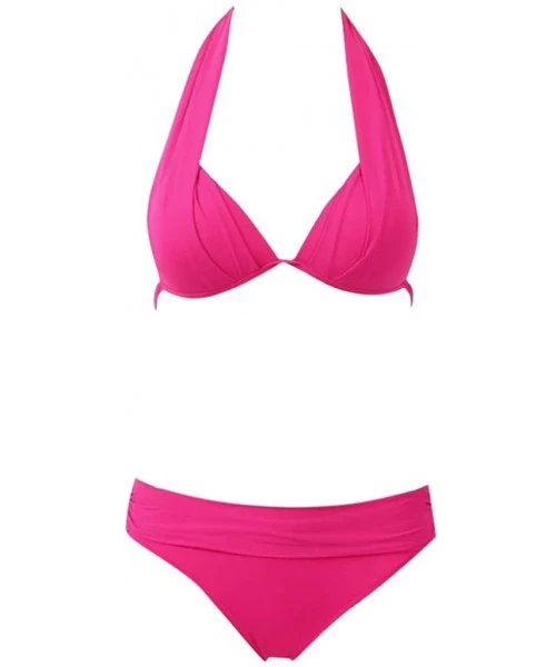 Sets Women Push Up Bikini Set-HalterSwimsuit Swimwear Retro Beach Bathing Suits Changeshopping - Hot Pink - C519450Q5US