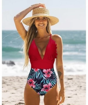 One-Pieces Deep V Neck Halter One Piece Swimsuit Women Backless Sexy Bathing Suit Plunging Monokini - Print15 - CK190ZG56SG