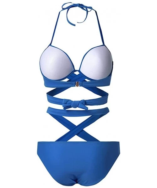 Bottoms Women One Piece Swimsuit High Neck Plunge Mesh Ruched Monokini Swimwear - C-blue - C2194EACYZT