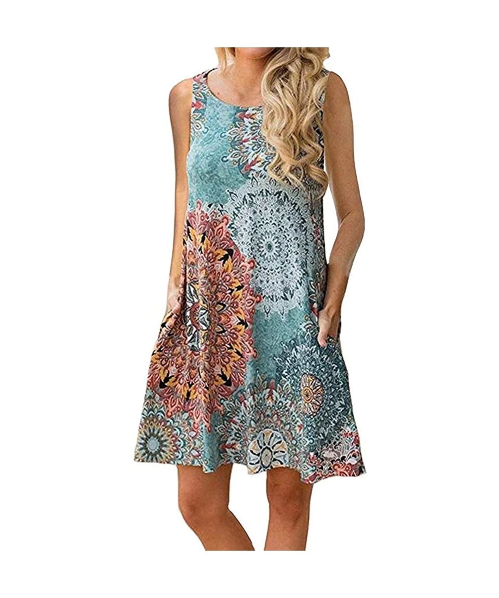 Cover-Ups Summer Dresses for Women Beach Floral Tshirt Sundress Sleeveless Pockets Casual Loose Tank Dress Boho Light Blue - ...