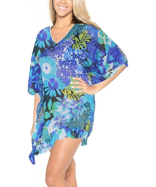 Cover-Ups Women's Boho Swimwear Bikini Cover-Ups Beach Caftan Dress Short Mini A - Blue_f996 - CI11DWT98GZ