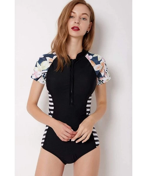 One-Pieces Women Zip Front Floral Print Half Sleeve One Piece Swimsuit Rash Guard Swimwear High Neck Monokini Surfing - Black...