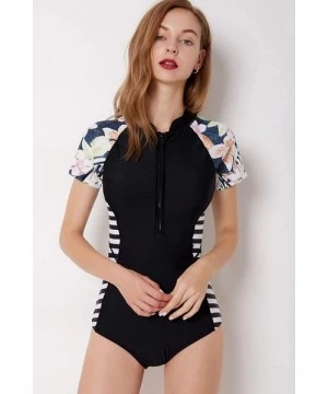 One-Pieces Women Zip Front Floral Print Half Sleeve One Piece Swimsuit Rash Guard Swimwear High Neck Monokini Surfing - Black...