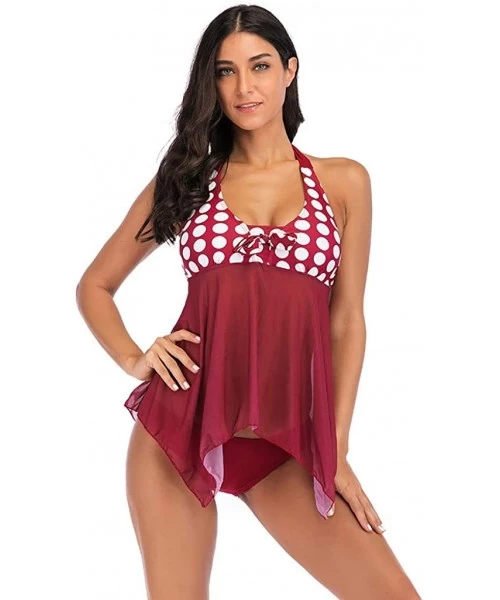 Bottoms Women Tankini Sets with Ladies Dot Print Bikini Set Swimwear Push-Up Padded Bra - Wine - CJ18RQZHW6Q