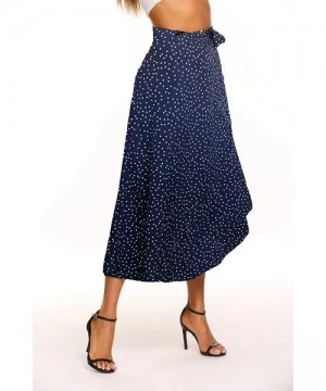 Cover-Ups Women's Boho Wrap Skirt Summer Polka Dot Tie Up Wasit Ruffle Midi Skirts - Blue - CD18T85Q7XC