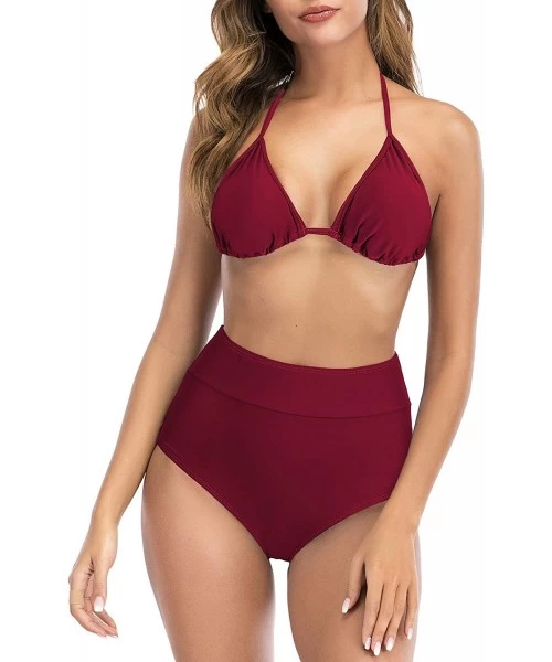 Sets Bikini Swimsuit for Women Two Piece Bathing Suits Halter Top with High Waisted Bottom Bikini Set - 03 Wine Red - CQ198UA...