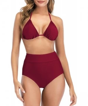 Sets Bikini Swimsuit for Women Two Piece Bathing Suits Halter Top with High Waisted Bottom Bikini Set - 03 Wine Red - CQ198UA...