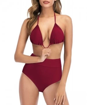 Sets Bikini Swimsuit for Women Two Piece Bathing Suits Halter Top with High Waisted Bottom Bikini Set - 03 Wine Red - CQ198UA...