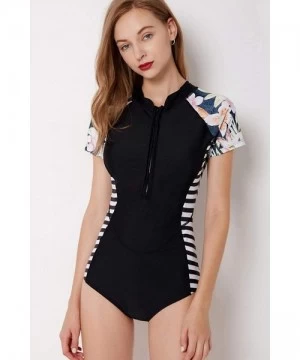 One-Pieces Women Zip Front Floral Print Half Sleeve One Piece Swimsuit Rash Guard Swimwear High Neck Monokini Surfing - Black...