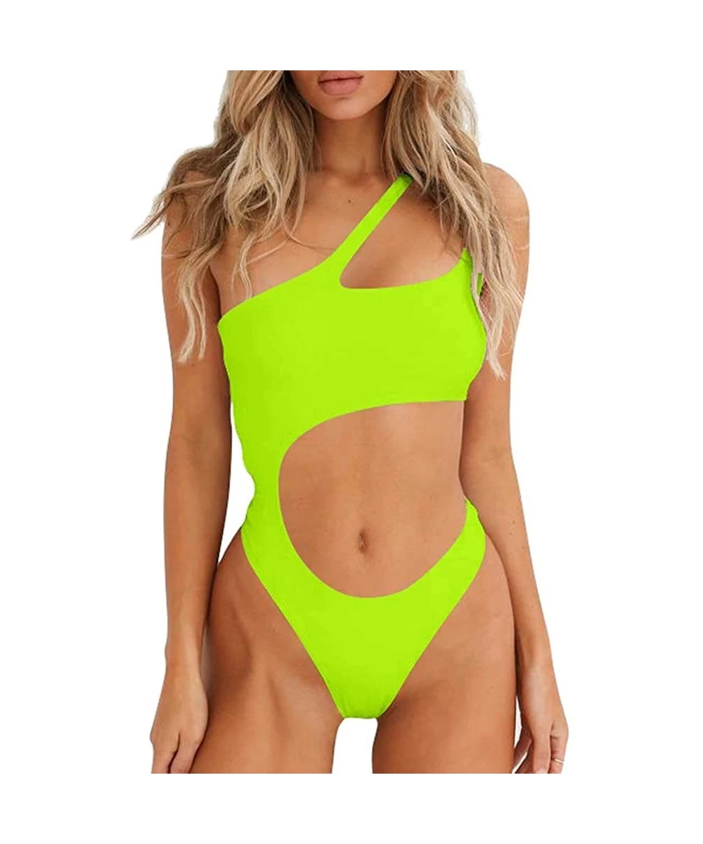 One-Pieces Women's Sexy One Shoulder Bathing Suit Cut Out One Piece Swimsuit - Lake Green - CV18XEUI8I2