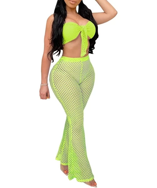 Racing Women See Through Sheer Mesh Bandage Two Piece Bikini Cover Up Hoodie Crop Tops and Legging Pants - Knot-green - CV19D...