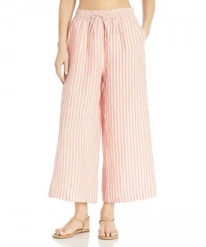 Bottoms Women's Stripe Crop Wide Leg Linen Beach Pant with Elastic Waist - Baja Stripe Vintage Coral - CD18UWGMT6Y