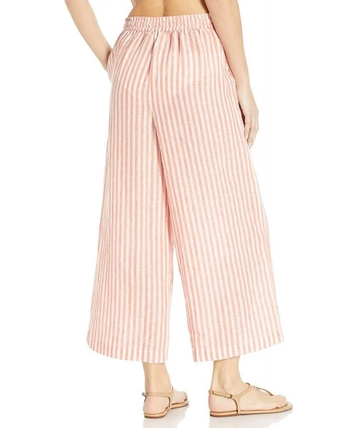 Bottoms Women's Stripe Crop Wide Leg Linen Beach Pant with Elastic Waist - Baja Stripe Vintage Coral - CD18UWGMT6Y