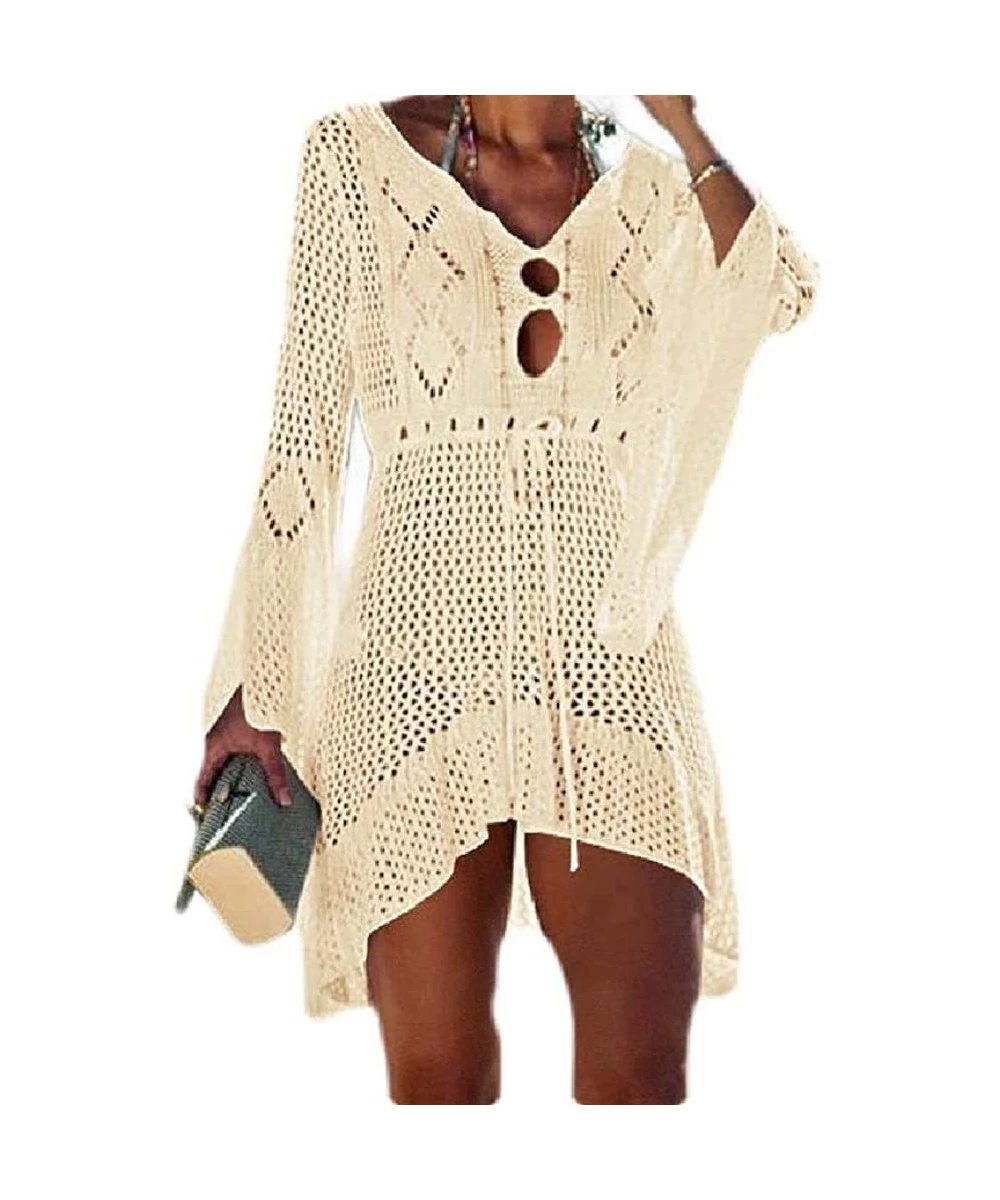 Cover-Ups Womens Knitting Hollow UPF50+ Loose Solid Flare Sleeve Beach Cover Up Dress - Beige - C3199EELK2I