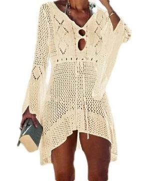 Cover-Ups Womens Knitting Hollow UPF50+ Loose Solid Flare Sleeve Beach Cover Up Dress - Beige - C3199EELK2I