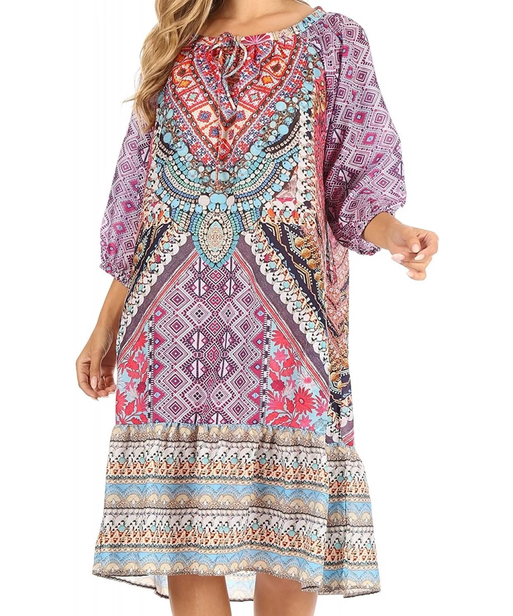 Cover-Ups Laura Women's 3/4 Sleeve Swing Floral Boho Midi Dress Cover-up Side Pockets - Um403-multi - C41983KG3SZ