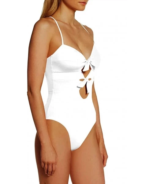 One-Pieces Womens Spaghetti Strap Tie Knot Front Cutout Lace Up Back One Piece Swimsuit - White - CG18SL2ALXK