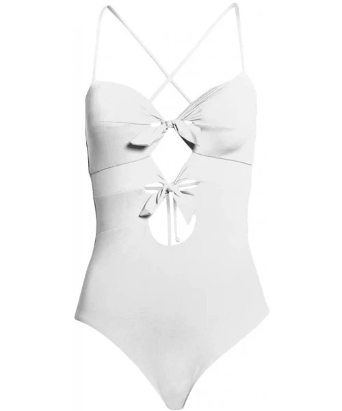 One-Pieces Womens Spaghetti Strap Tie Knot Front Cutout Lace Up Back One Piece Swimsuit - White - CG18SL2ALXK