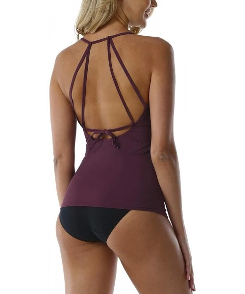 Tankinis Women's Tankini Top Strappy Back Bathing Suit Slimming Control Swimsuits Top Ruched Swimwear Top Only - Burgundy - C...