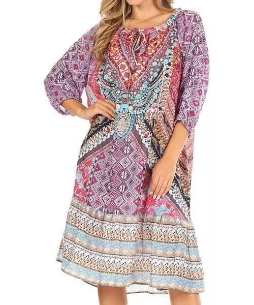 Cover-Ups Laura Women's 3/4 Sleeve Swing Floral Boho Midi Dress Cover-up Side Pockets - Um403-multi - C41983KG3SZ