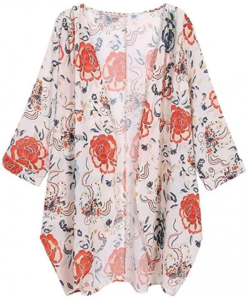 Cover-Ups Women's Floral Print Kimono Cardigan Sheer Chiffon Loose Half Sleeve Shawl Casual Open Front Cover up Capes White -...