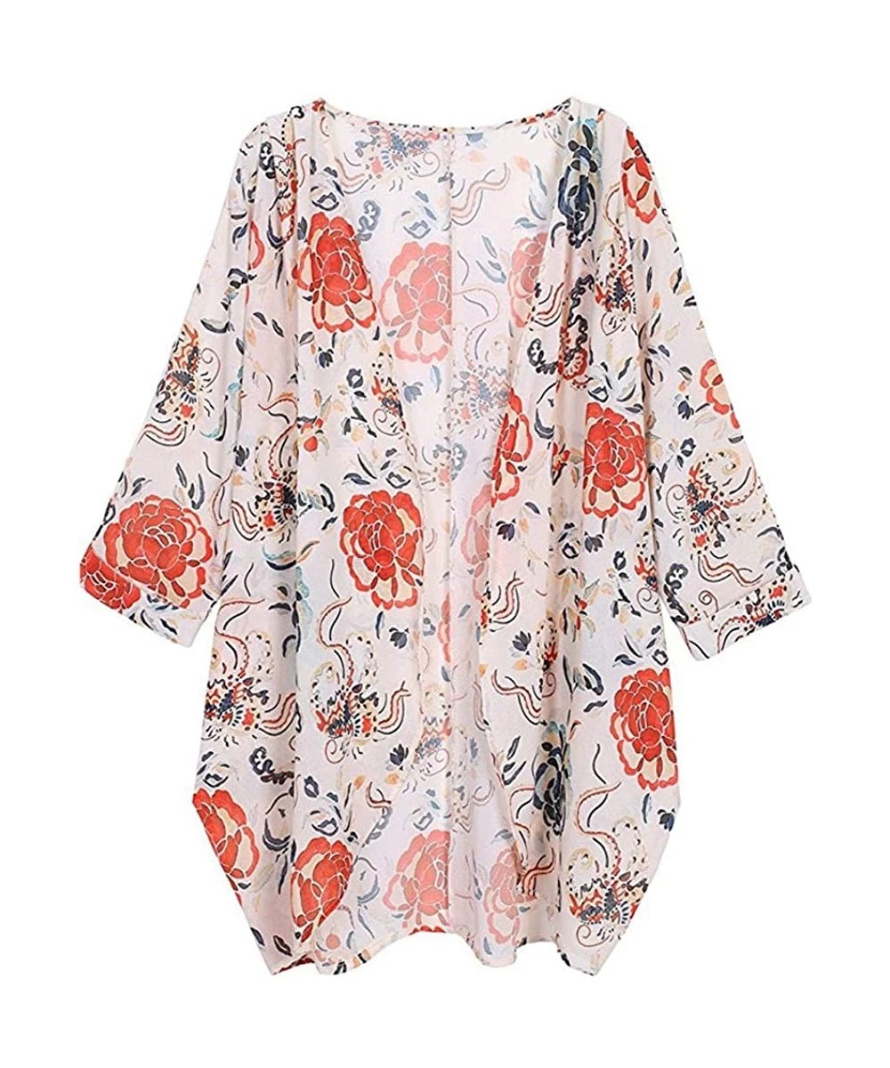 Cover-Ups Women's Floral Print Kimono Cardigan Sheer Chiffon Loose Half Sleeve Shawl Casual Open Front Cover up Capes White -...