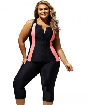 Rash Guards Women Plus Size Surf Swimwear Rash Guard Swim Capris Tankini Swimsuit - Black Pink - CG12NZGXJ73