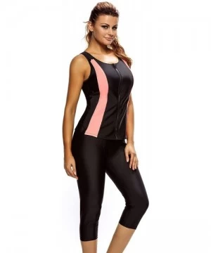 Rash Guards Women Plus Size Surf Swimwear Rash Guard Swim Capris Tankini Swimsuit - Black Pink - CG12NZGXJ73