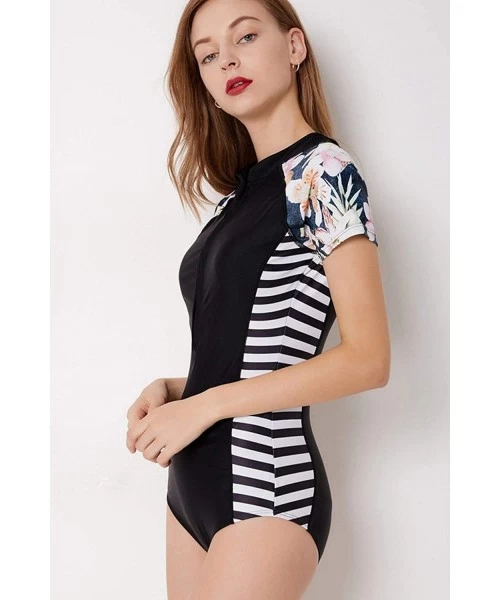 One-Pieces Women Zip Front Floral Print Half Sleeve One Piece Swimsuit Rash Guard Swimwear High Neck Monokini Surfing - Black...