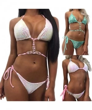 Sets Sexy Sequins Rhinestone Bra Briefs Bikini Set Women Summer Swimwear Bathing Suit - Pink S - Dark Pinkl - CZ198Y3KCMW