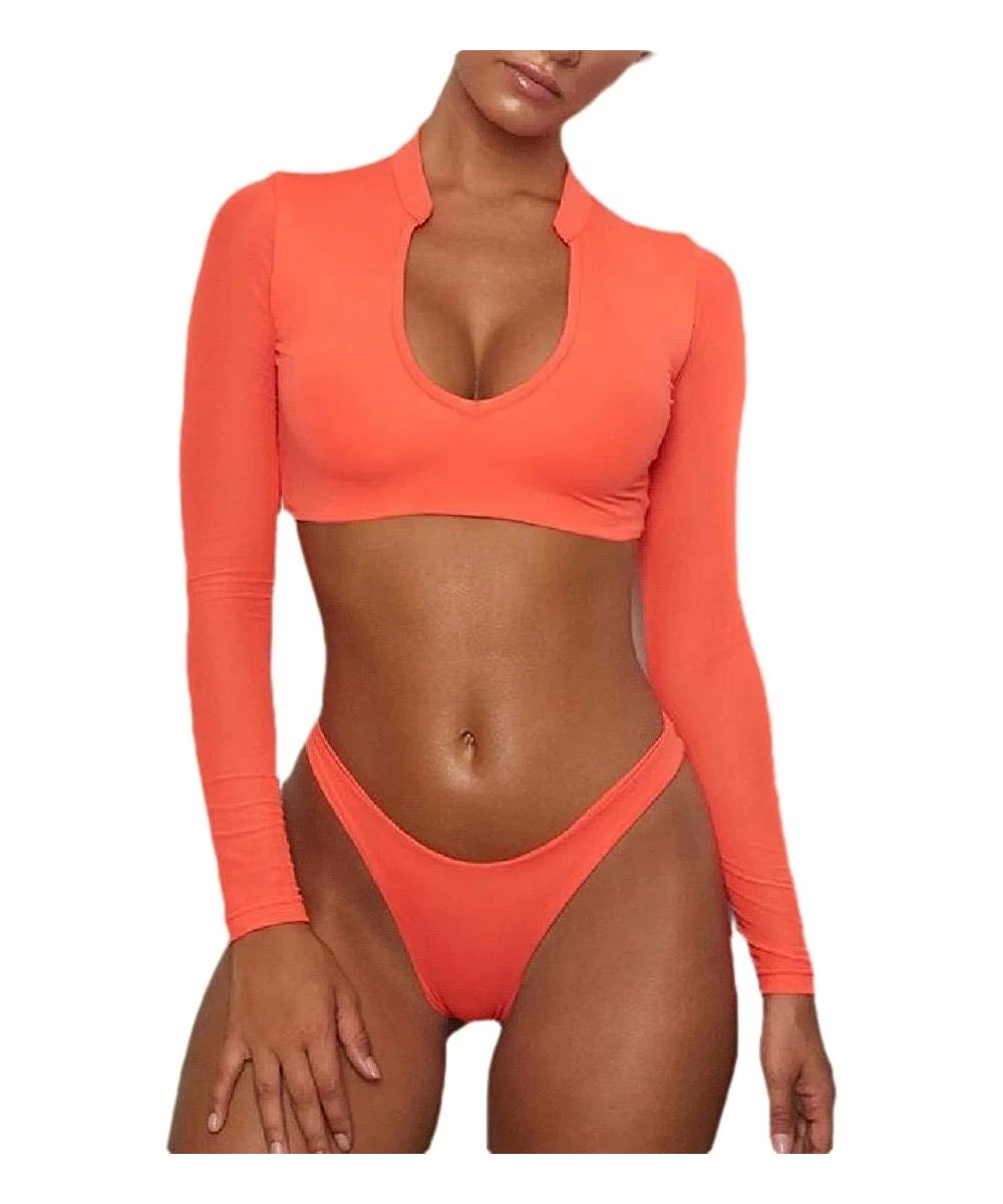 Rash Guards Womens Sexy High Waist Rash Guard Swimwear Long Sleeve 3PCS Bathing Suit - 1 - CR19DAXK9WD