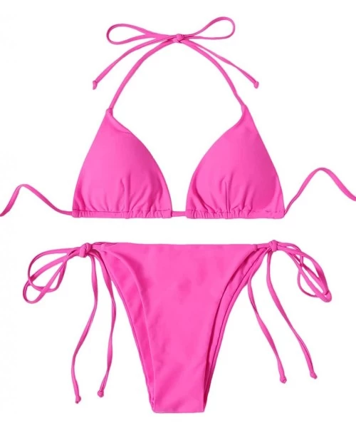 Sets Women's 2 Pieces Solid Drawstring Halter Top with Tie Side Bikini Set - 1-hot Pink - CE19428ZCIM