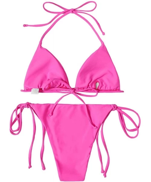 Sets Women's 2 Pieces Solid Drawstring Halter Top with Tie Side Bikini Set - 1-hot Pink - CE19428ZCIM