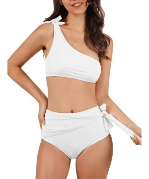 Sets Womens High Waisted Swimsuit One Shoulder Crop Top Bikini Set Ruched Side Tie Beachwear - White - C118N0NZKGT