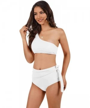 Sets Womens High Waisted Swimsuit One Shoulder Crop Top Bikini Set Ruched Side Tie Beachwear - White - C118N0NZKGT