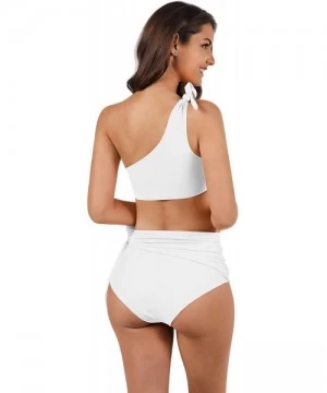 Sets Womens High Waisted Swimsuit One Shoulder Crop Top Bikini Set Ruched Side Tie Beachwear - White - C118N0NZKGT