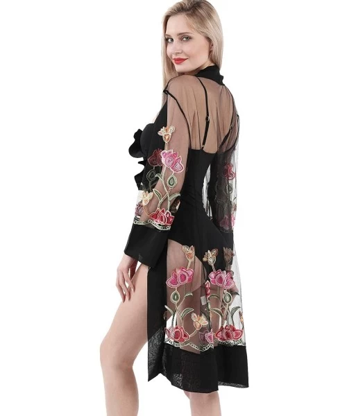 Cover-Ups Womens Beach Bikini Cover-ups Embroidered with Floral Designs Loose Chiffon Beach Dress Outwear - 52-black - CC198U...