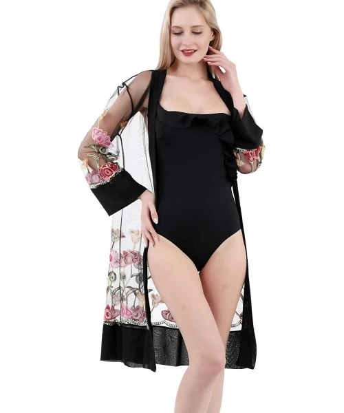 Cover-Ups Womens Beach Bikini Cover-ups Embroidered with Floral Designs Loose Chiffon Beach Dress Outwear - 52-black - CC198U...