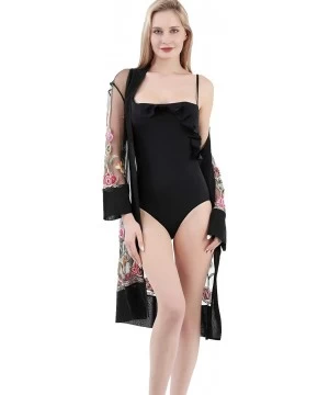 Cover-Ups Womens Beach Bikini Cover-ups Embroidered with Floral Designs Loose Chiffon Beach Dress Outwear - 52-black - CC198U...