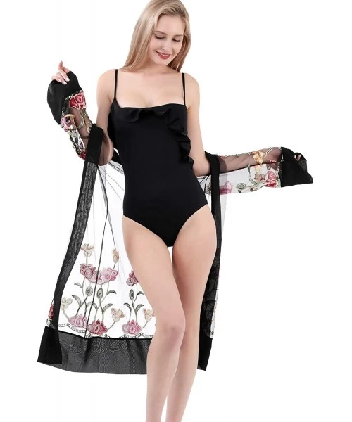 Cover-Ups Womens Beach Bikini Cover-ups Embroidered with Floral Designs Loose Chiffon Beach Dress Outwear - 52-black - CC198U...