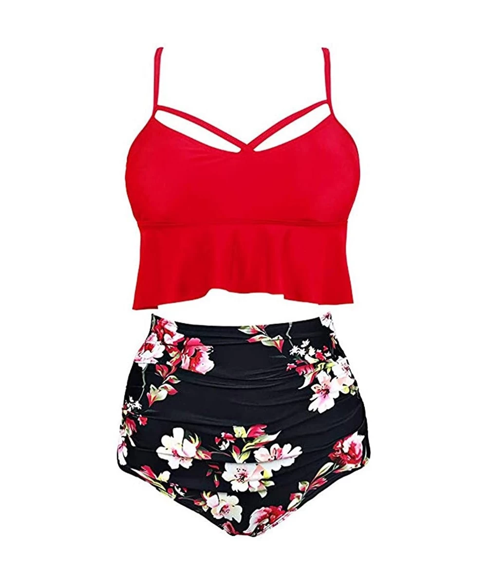 Sets Women Ruffled High Waisted Tankini Bikini Swimsuit Set S-XXXL - Red-2 - C918UW4WGLD