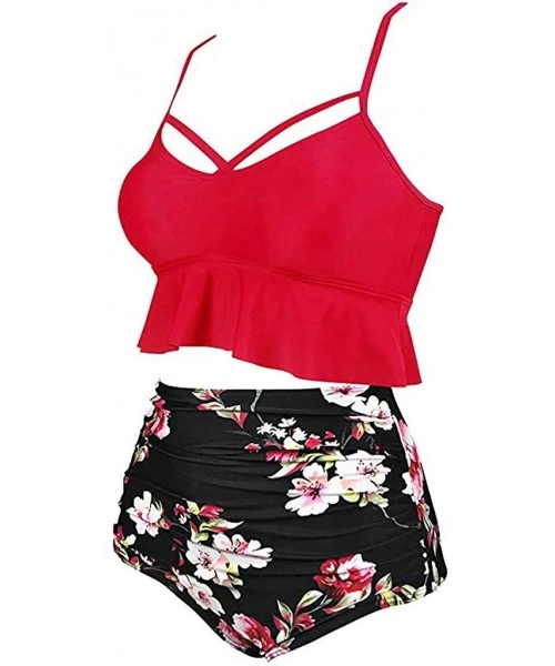 Sets Women Ruffled High Waisted Tankini Bikini Swimsuit Set S-XXXL - Red-2 - C918UW4WGLD