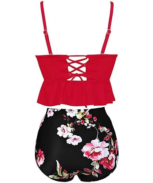 Sets Women Ruffled High Waisted Tankini Bikini Swimsuit Set S-XXXL - Red-2 - C918UW4WGLD