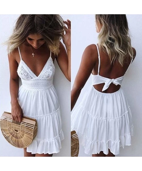 Board Shorts Women Dress Lace Backless Spaghetti Strap Short Dress Button Patchwork Solid Sexy Casual Evening Party Dress - C...