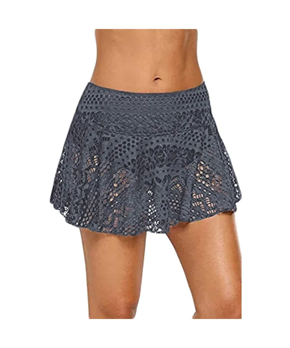 Bottoms Women's Lace Crochet Skirted Bikini Bottom Swimsuit Short Skort Swimdress - Lace Grey - C718NAX27X7